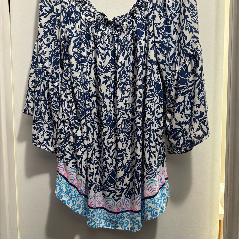 Lilly Pulitzer Nevie Off-The-Shoulder Top Oyster Bay Blue Krillin It - Picture 4 of 7